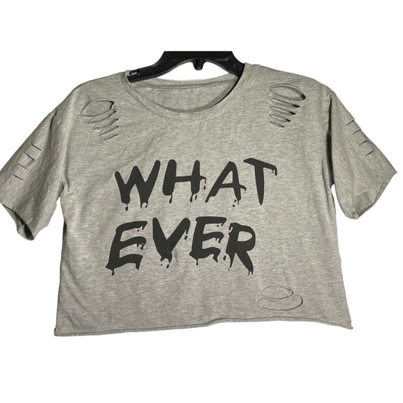 Shein Women L Gray Crop "What Ever" Spell Out Grunge Short Sleeve Lounge Tee - Picture 1 of 7